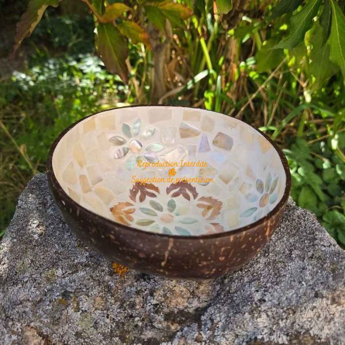 Bol noix de coco nacré mosaïque mère-de-perle blanc motifs floraux fait main
