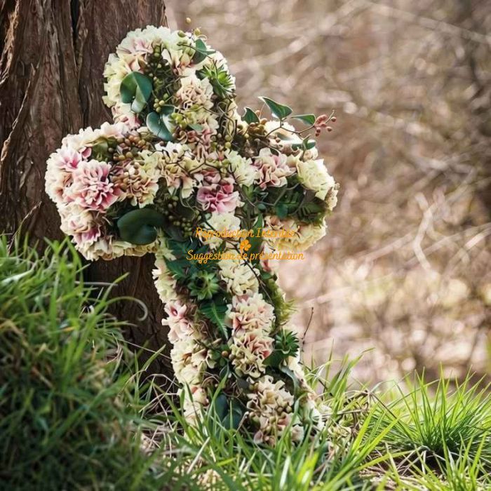 Croix florale de deuil garnie d'œillets, lierre, baies et joubarbes, posée au pied d'un arbre- photo Opiflor