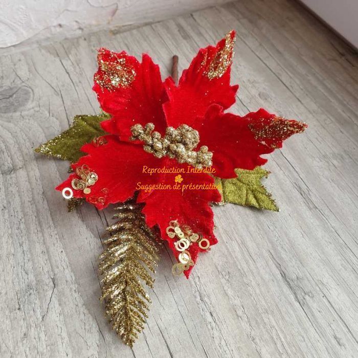 2 Bouquets De Poinsettia Artificiel Rouge Avec Paillettes Or – Fleurs De Noël 48 Cm, 9 Têtes Par Bouquet, Décoration Maison Et Fête