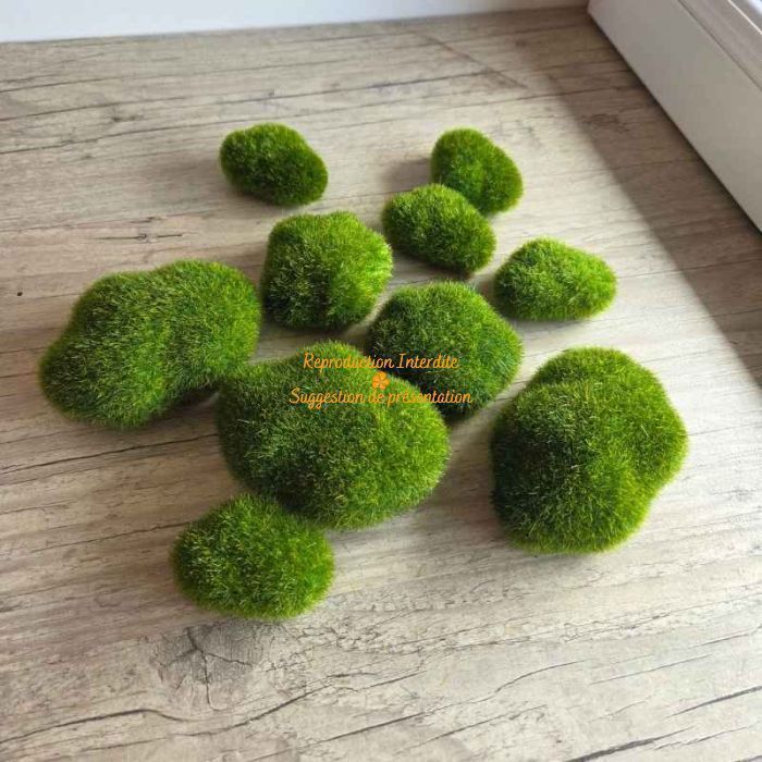 Faux galets mousse verte artificiels lot 10 trois tailles vert lichen déco zen