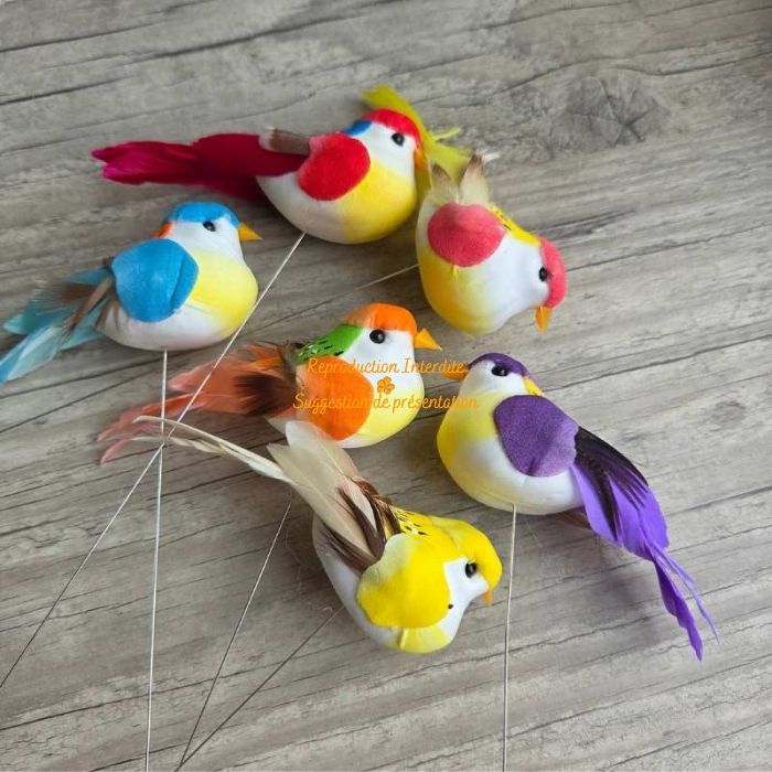Lot de 6 faux oiseaux décoratifs colorés en plumes assorties