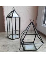 Terrarium géométrique verre et métal noir diamant et lanterne mini serre suspendue