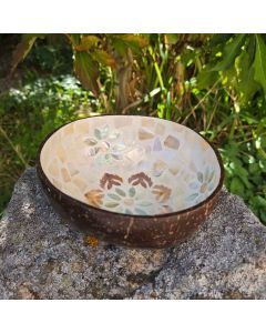Bol noix de coco nacré mosaïque mère-de-perle blanc motifs floraux fait main