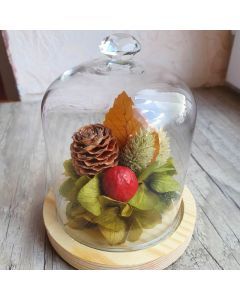 Composition de fleurs s&eacute;ch&eacute;es sous cloche en verre base bois automne pi&egrave;ce unique