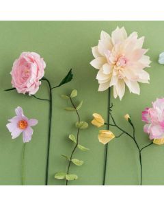 Papier crépon fleuriste – fleurs en papier rose pastel, dahlia champagne et cosmos sur fond vert