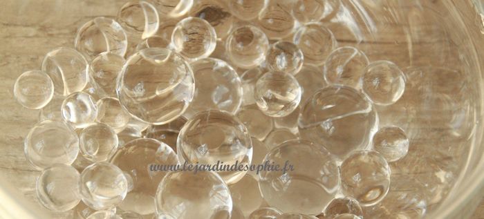 Présentation des billes de gel dans un contenant en        verre transparent